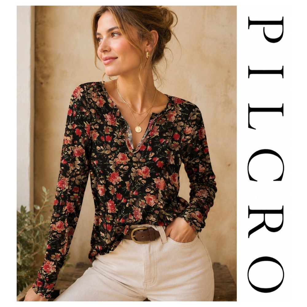 Pilcro Anthropologie Split Neck Dark Floral Thermal Waffle Long Sleeve Top S